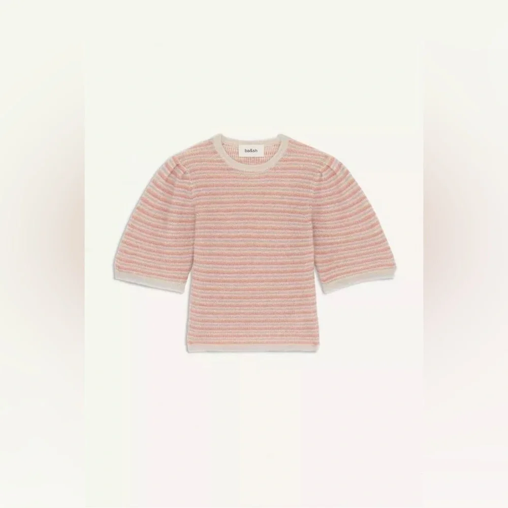 BA&SH Simael Striped Mohair Blend Short Sleeve Pullover Sweater in Rose - Picture 8 of 8